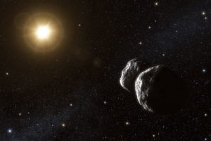 Artist’s impression of the asteroid (234) Barbara. Thanks to a unique method that uses ESO’s Very Large Telescope Interferometer, astronomers have been able to measure sizes of small asteroids in the main belt for the first time. Their observations also suggest that Barbara has a complex concave shape, best modelled as two bodies that may possibly be in contact.